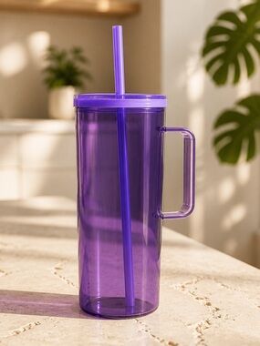 Hogg Purple Glass Tumbler with Handle and Straw